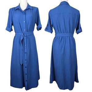 Drapers and Damons Blue Full Button Flowy Gauzy Dress Belted Career Casual